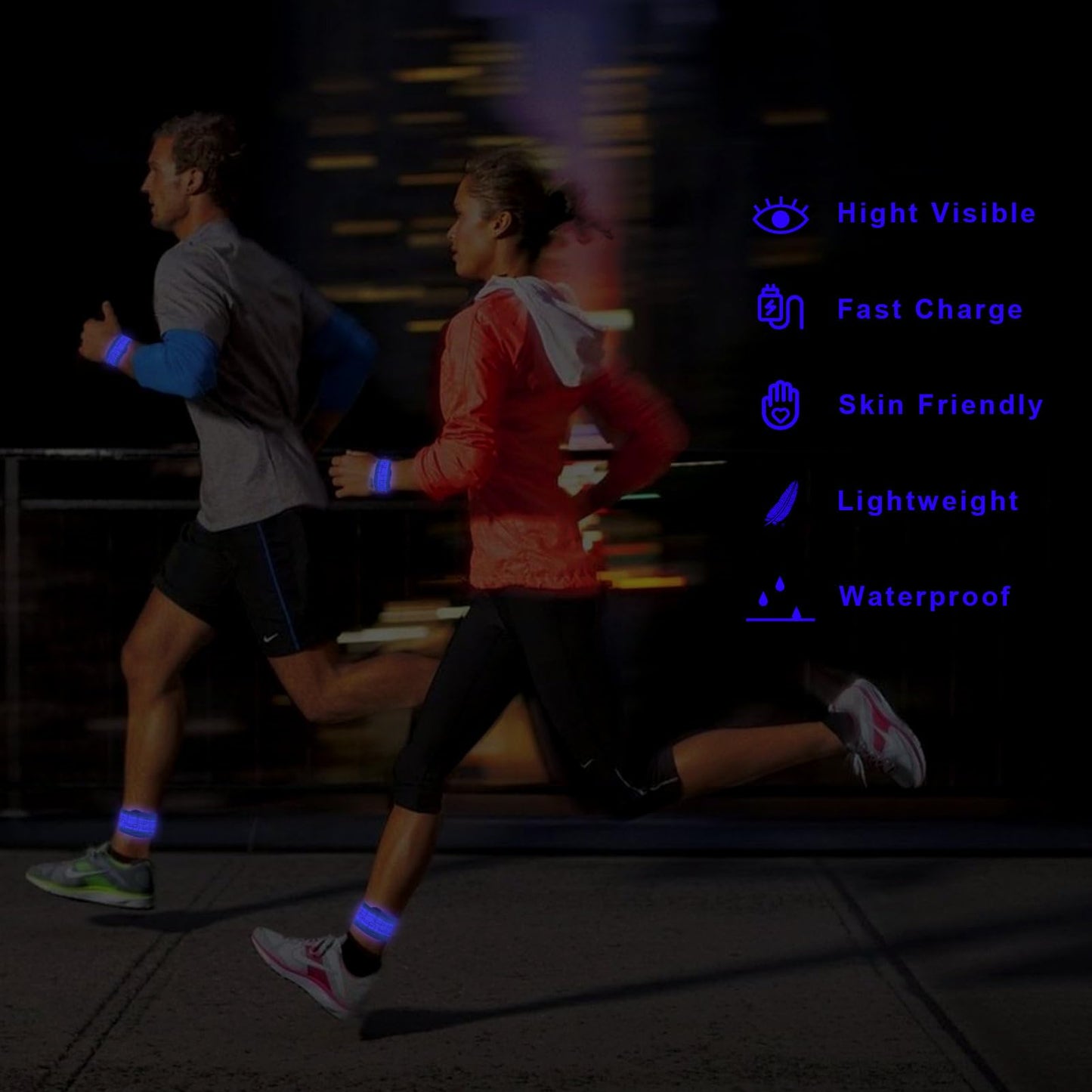 TRAYIU LED Safety Wristband Lights - 2 Pack Rechargeable Light Up Arm Ankle Band Kids Magic Slap Glow Bracelets Reflective Belt High Visibility for Night Cycling Walking Joggers Running Gear