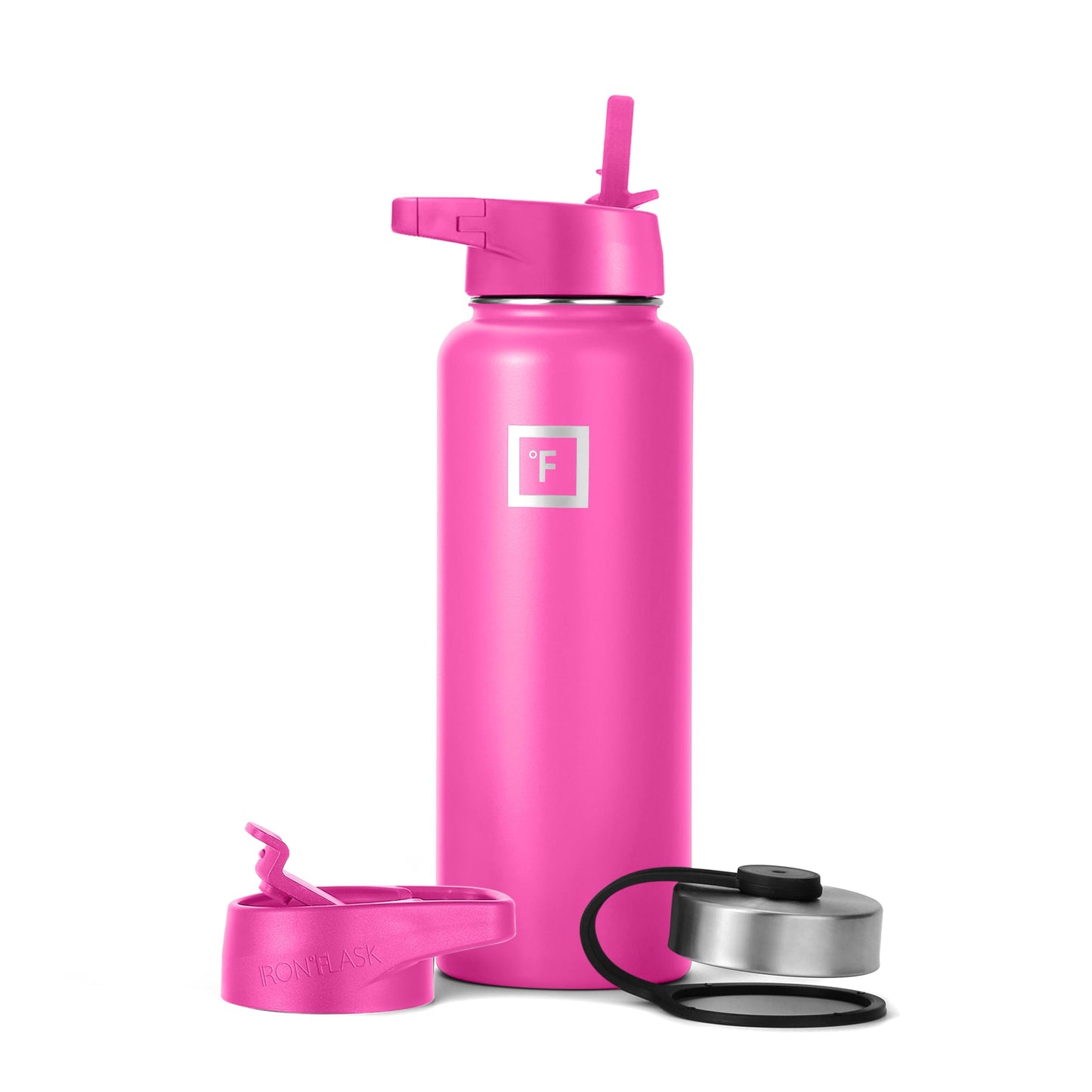 IRON °FLASK Camping & Hiking Hydration Flask, Wide Mouth, 3 Straw Lids, Stainless Steel Outdoor Water Bottle, Double Walled, Insulated Thermos, Metal Canteen - Pink Tulip, 40 Oz