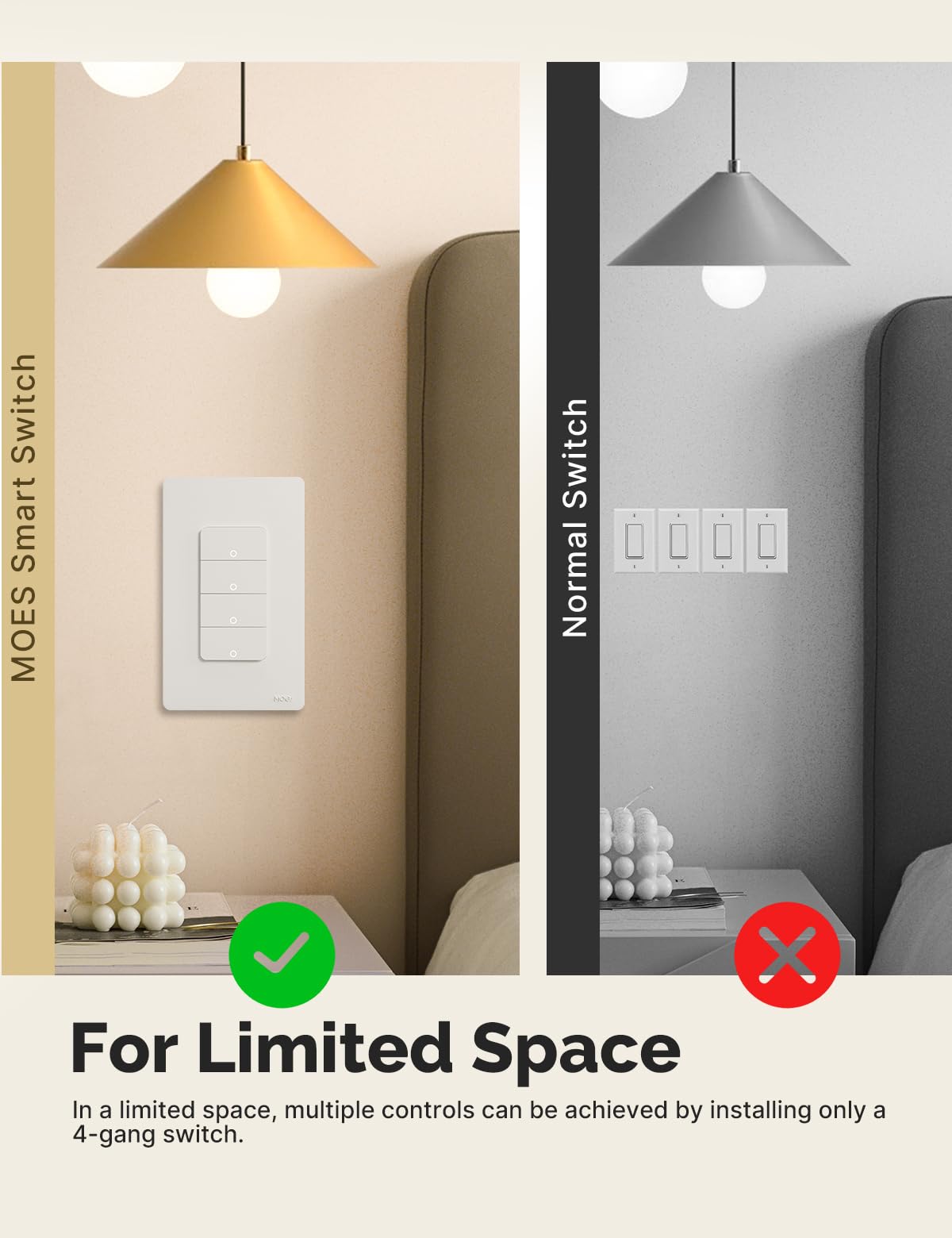 MOES Smart Double Light Switches, Matter-WiFi 2 Gang Single Pole Switch, Netural Wire Required, 2.4GHz Switch Combo Compatible with Alexa Google Assistant, Remote Control