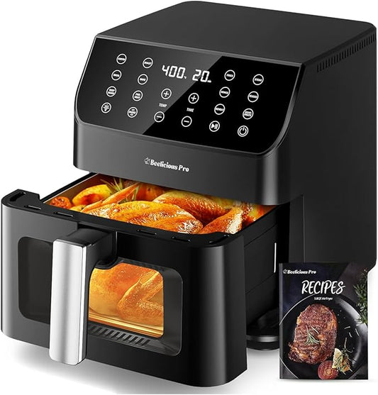 Beelicious 5.8QT Large Air Fryer, 12-in-1 Digital Airfryer with Window, 40+ Recipes, Flavor-Lock Tech, Dishwasher Safe,Shake Reminder, Compact, Quiet, Nonstick Air Fryers. Black