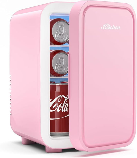 BEICHEN Mini Fridge,6 Liter / 8 Can Small Fridge for Bedroom, Car, Office & Dorm, AC100-120 V/DC 12 V Portable Thermoelectric Cooler & Warmer for Skincare, Food, Drinks,Pink