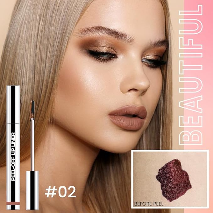 2 Pcs Matte Liquid Lip Stain Peel Off Lip Liner, Long Lasting Lip Tattoo, Waterproof & Transfer-Proof Lip Liner Peel Off Lip Gloss for All Skin Types. 0.12 fl oz #02+#06