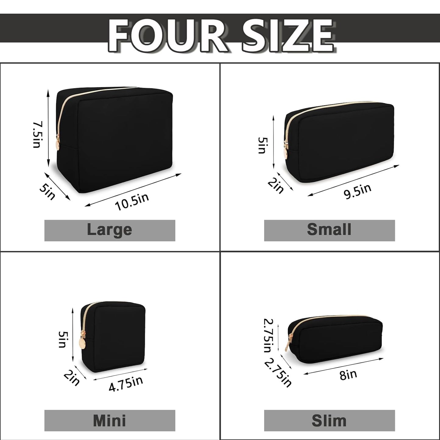Waterproof Small Pencil Case Makeup Bag for Purse,Cute Pencil Pouch Preppy Nylon Makeup Brush Holder with Zipper,Girls Portable Storage Case Small Pen Bag for Office(Slim-Black)