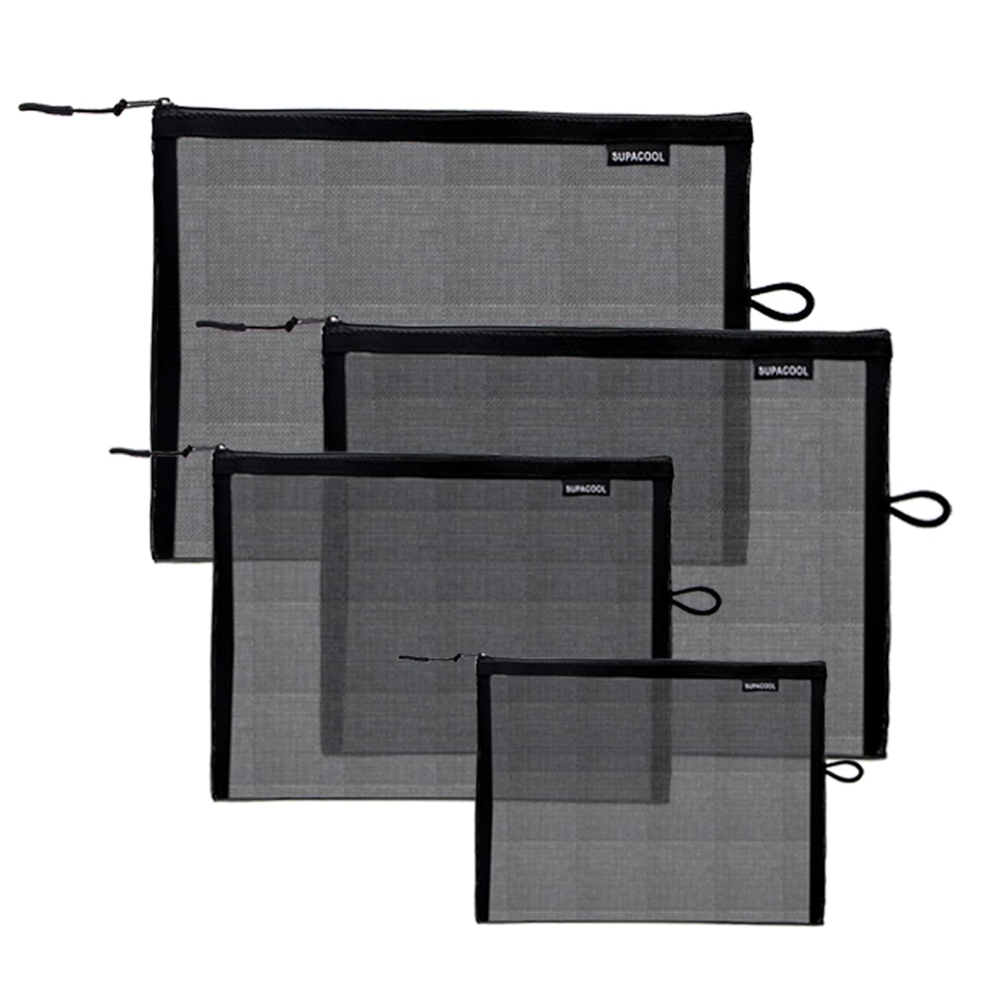 SUPACOOL Set of 4 Travel Mesh Makeup Bag, Cosmetic Organizer Pouches with Zipper, Diaper Organizing Pouches, Nylon Toiletries Bag for Women and Men(4pcs, Black)