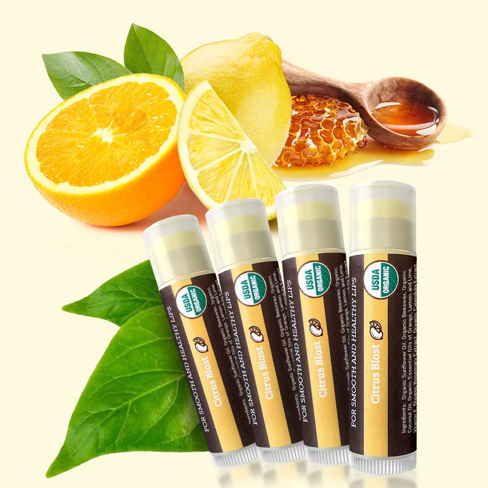 Earth's Daughter USDA Organic Lip Balm 4-Pack Citrus Flavor - Beeswax, Coconut Oil, Vitamin E - Best Lip Repair Chapstick for Dry Cracked Lips.