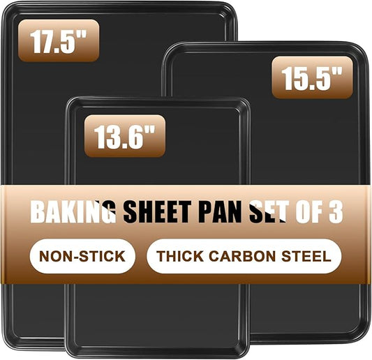 Baking Sheet Pan Set of 3, Commercial Cookie Sheets for Baking, Nonstick Half/Quarter/Jelly Roll Pans Replacement Toaster Oven Tray, Heavy Duty & Easy Clean, Dark Black