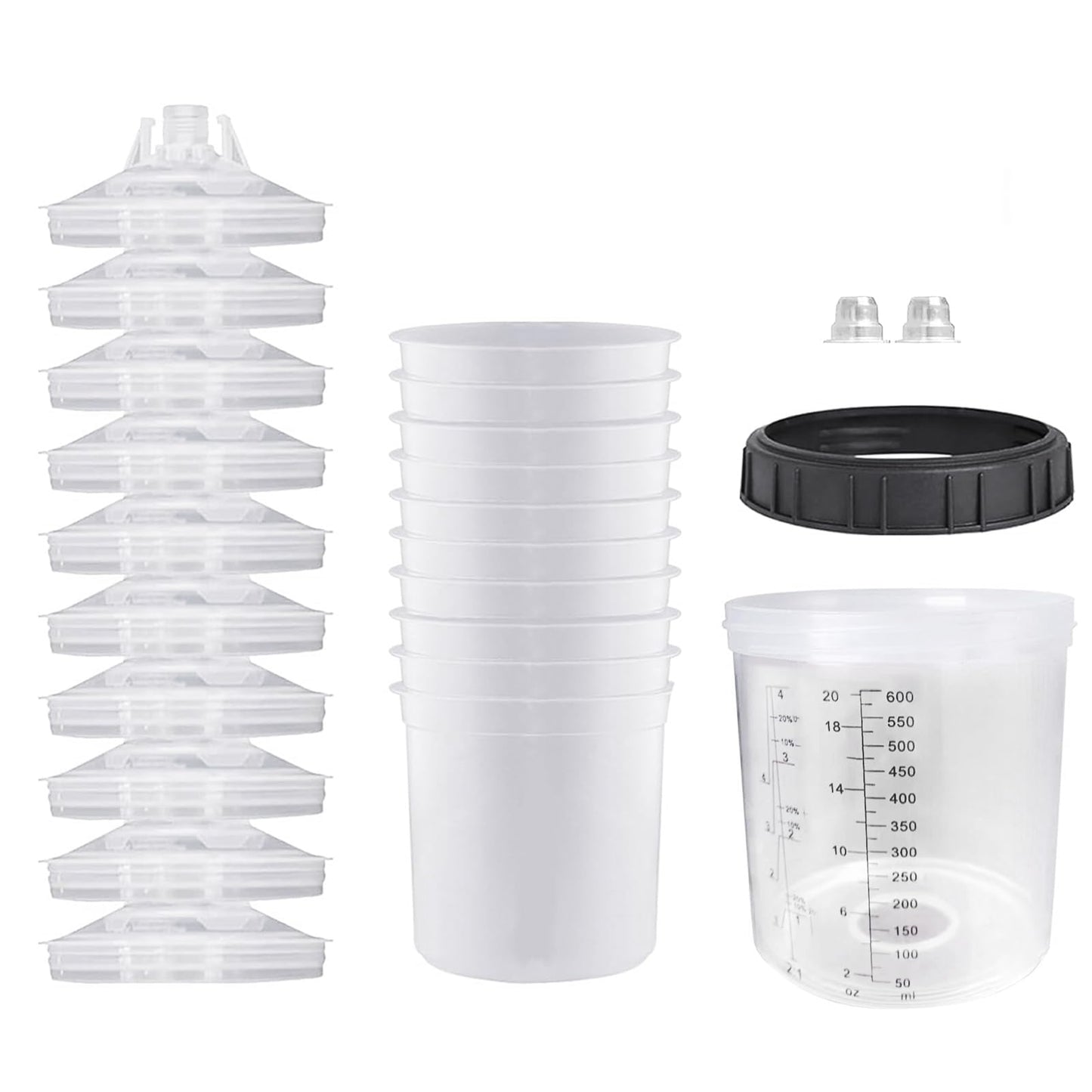 Disposable Spray Paint Gun Mixing Cups Liners and Lid System 20 Ounce (600ml) for HVLP Sprayer Gun 10 Cup Liners, 10 Lids with Strainer, 1 Hard Cup with Retainer Ring, 2 Plugs