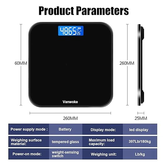 Smart Scale for Body Weight Digital Bathroom Scale with Blue LCD Backlight Display Highly Accurate Body Weight Scale Body Fat Scale Temperature Indication Corner Design 400lbs (Black)