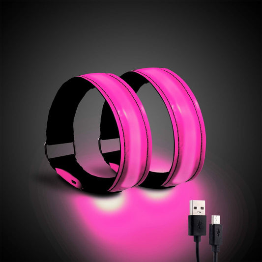OMKHE Running Light for Runners (2 Pack) Rechargeable LED Armband Reflective Running Gear, LED Light Up Band for Joggers Bikers Walkers (L Pink)