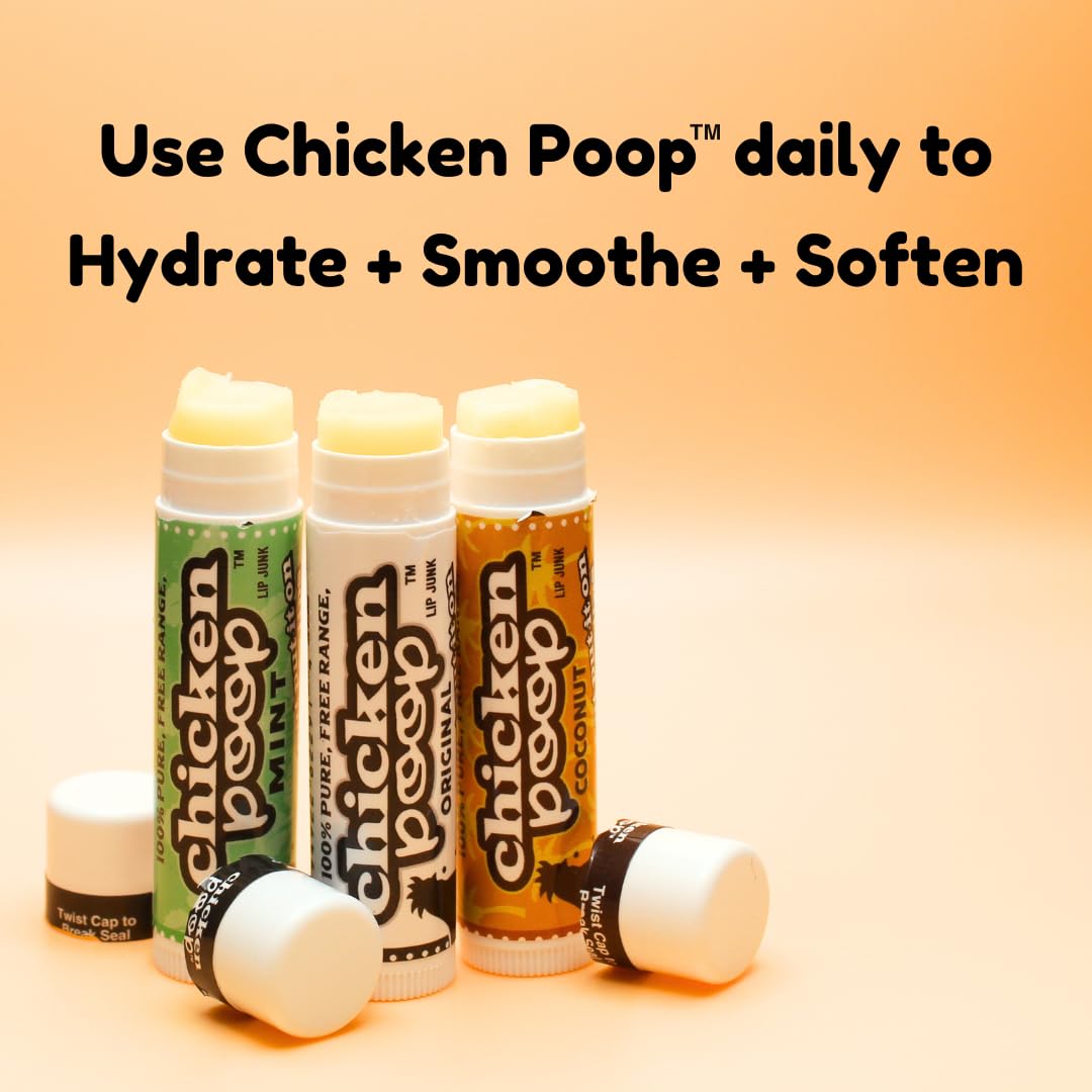 Chicken Poop Lip Balm Simone Chickenbone 100% Natural Moisturizer for Dry, Chapped Lips, Combo (Original, Mint, Outdoors with SPF 30, Coconut), 4 Pack