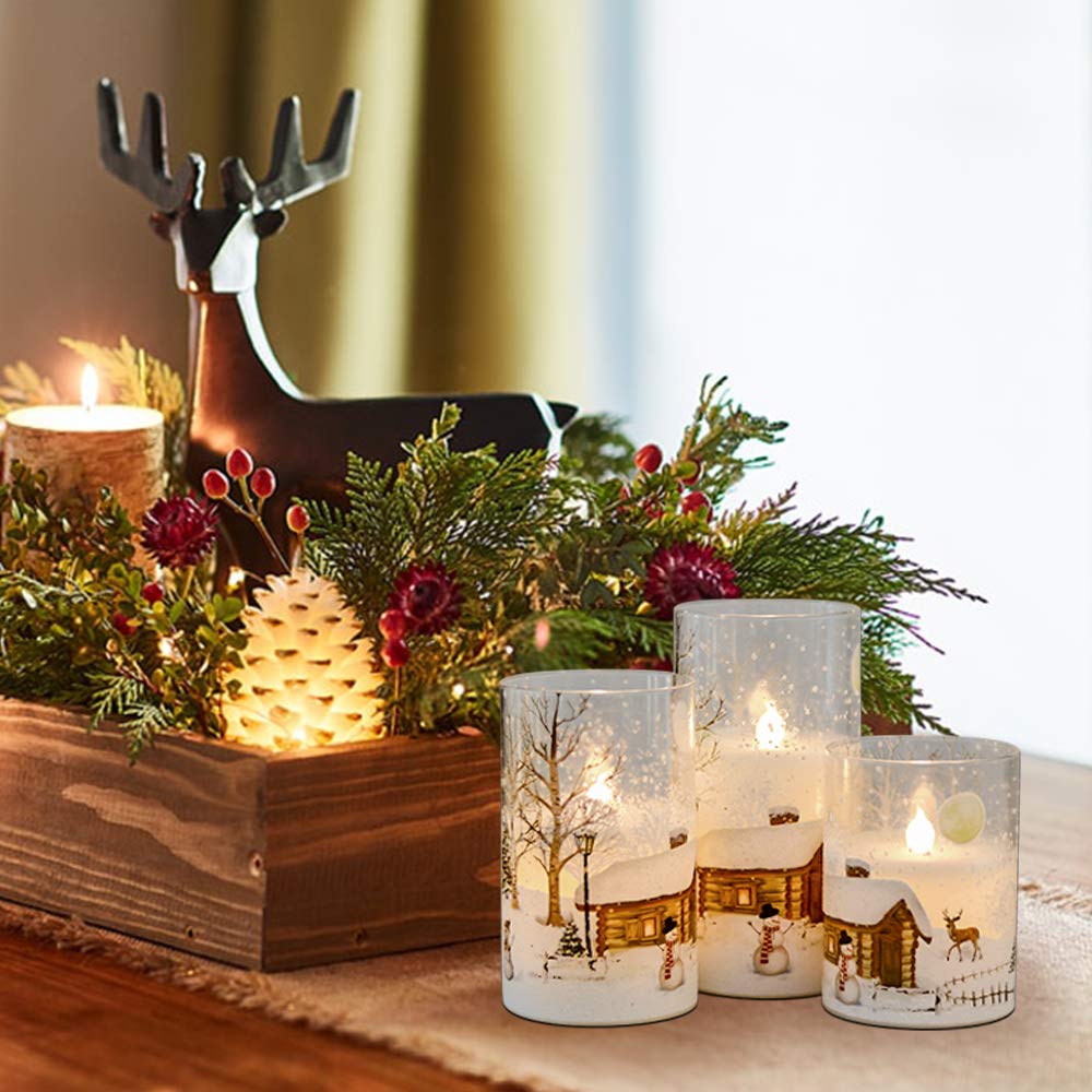 DRomance Snowman Glass Flameless Candles Battery Operated with Remote and Timer Real Wax LED Flickering Pillar Candles White Cold Light Window Christmas Holiday Decor D3 x 4",5",6"