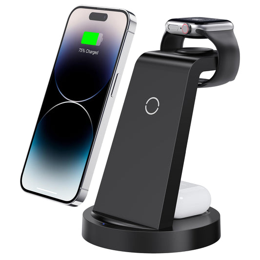 3 in 1 Charging Station for iPhone, Wireless Charger for iPhone 16e 16 15 14 13 12 11 X Pro Max & Apple Watch - Wireless Charging Station for AirPods 4 3 Pro
