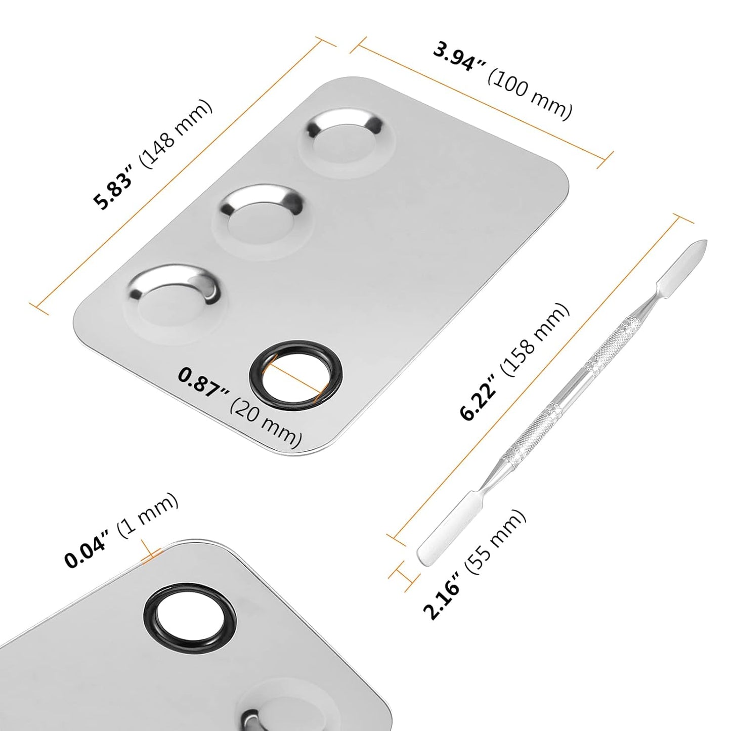 6 Pack 6 x 4 Inch Stainless Steel Cosmetic Palette with Spatula, 3-well Mixing Makeup Palette Nail-art Mixer Metal Tray for Foundation, Pigment, Nail Polish Blending, Silver