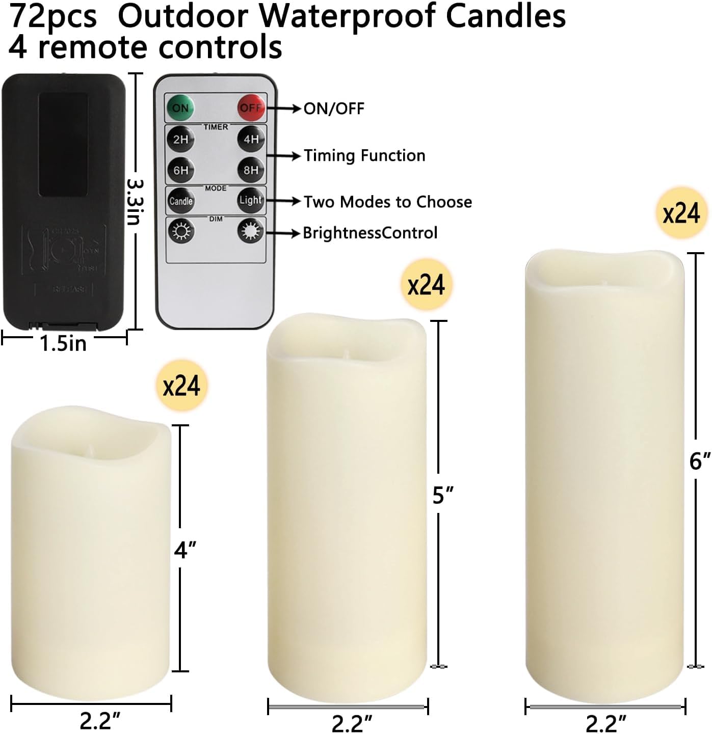 Enpornk Set of 72 Flameless Led Battery Opeated (D2.2'' x H4''5''6'') Waterproof Outdoor Indoor Candles with 10-Key Remotes and Cycling 24 Hours Timer
