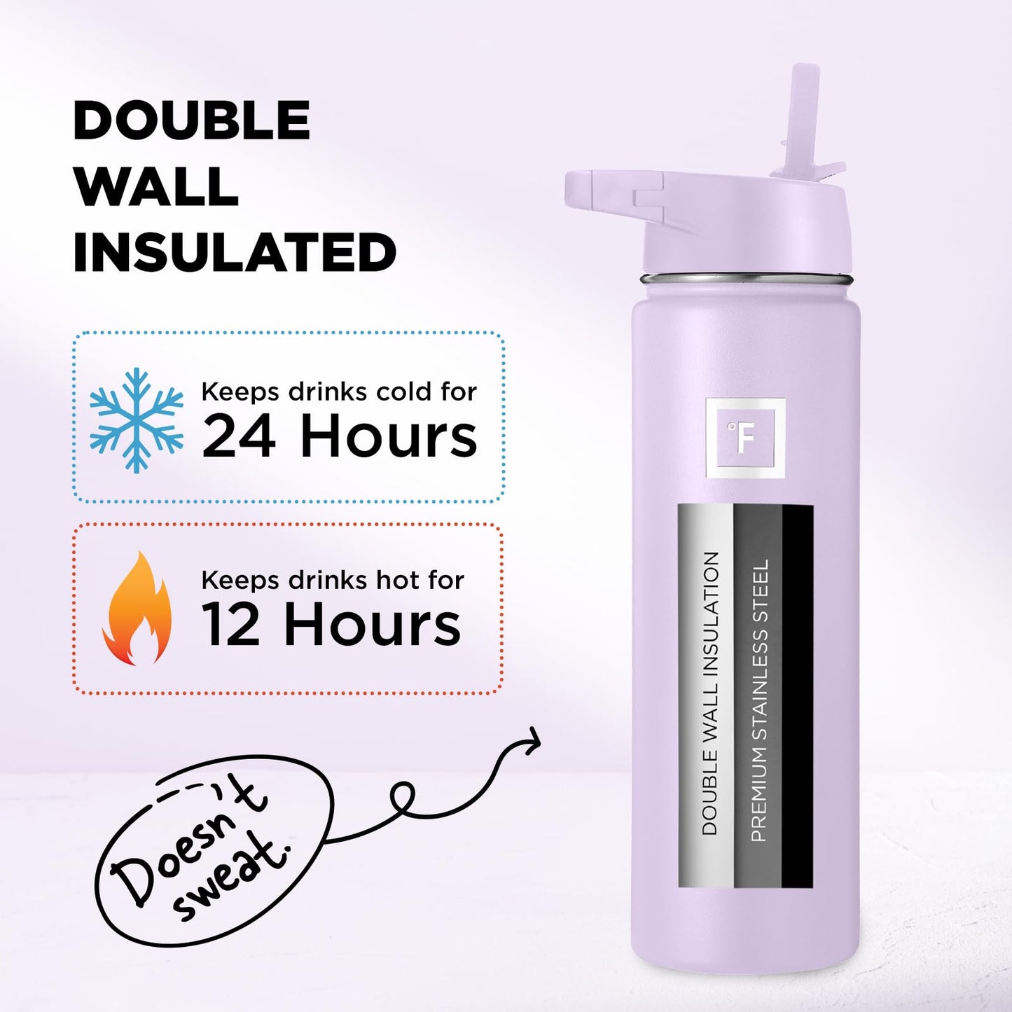 IRON °FLASK Camping & Hiking Hydration Flask, Wide Mouth, 3 Straw Lids, Stainless Steel Outdoor Water Bottle, Double Walled, Insulated Thermos, Metal Canteen - Lavender, 18 Oz