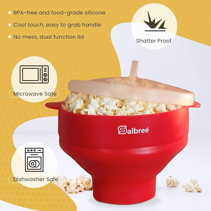 The Original Salbree Collapsible Silicone Microwave Popcorn Popper Maker Machine, Microwavable Bowl Holds 16 Cups, Uses Hot Air and Oil Always Optional - The Most Colors Available (Red)