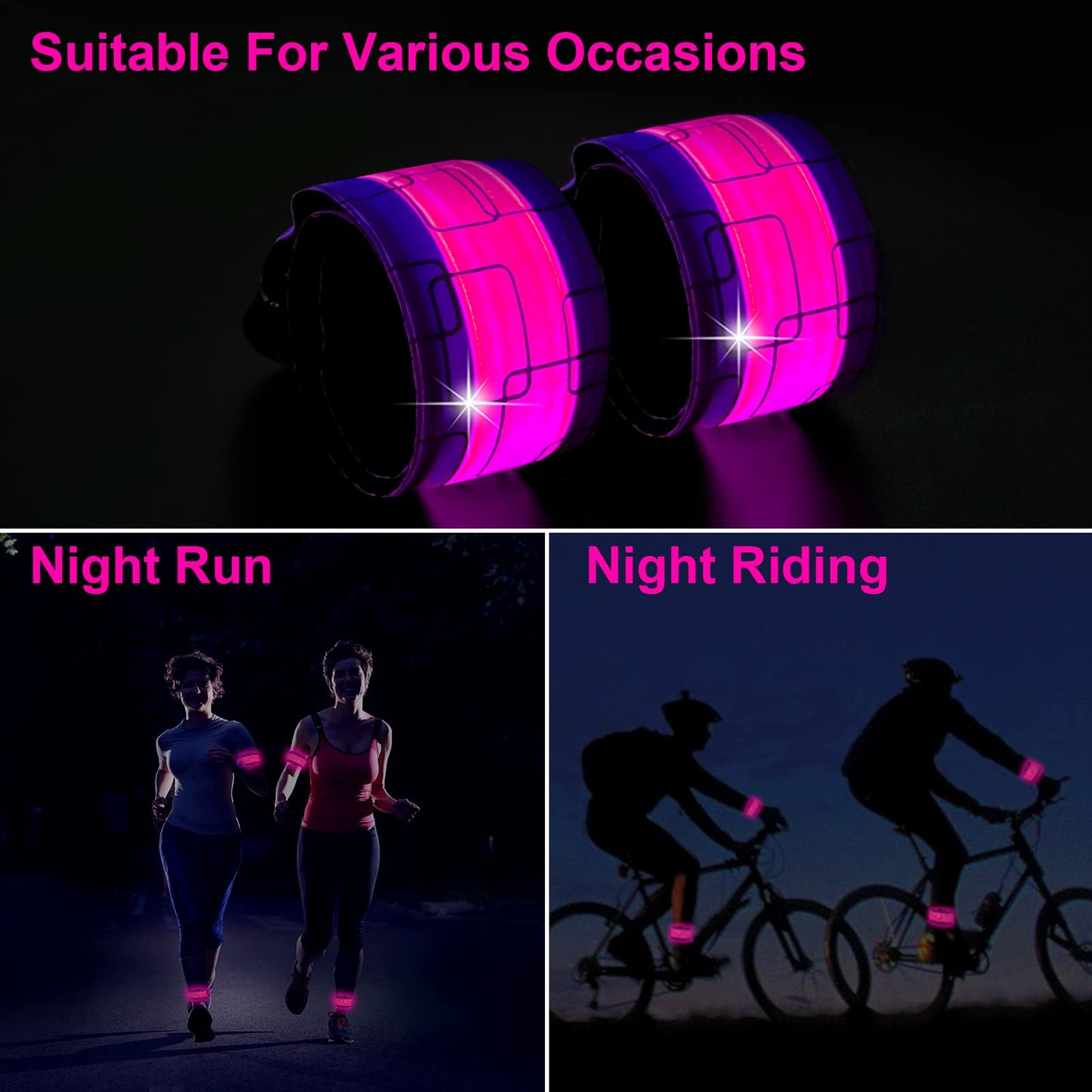 TRAYIU LED Safety Wristband Lights - 2 Pack Rechargeable Light Up Arm Ankle Band Kids Magic Slap Glow Bracelets Reflective Belt High Visibility for Night Cycling Walking Joggers Running Gear