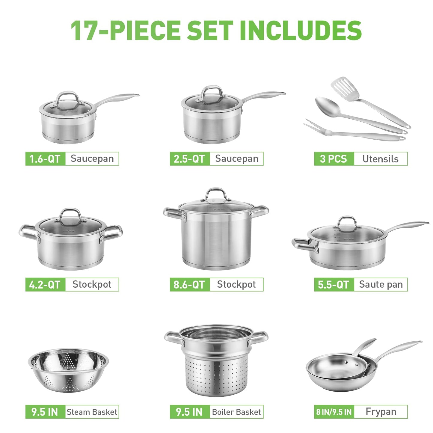 Duxtop Professional Stainless Steel Pots and Pans Set, 17PC Induction Cookware Set, Impact-bonded Technology