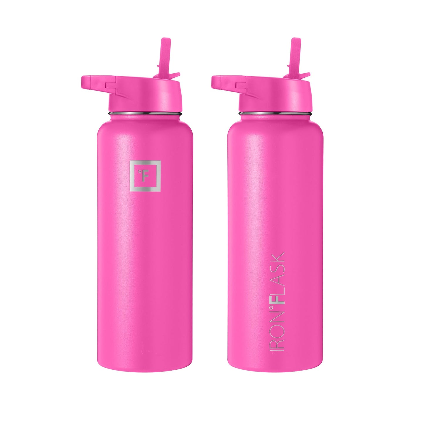 IRON °FLASK Camping & Hiking Hydration Flask, Wide Mouth, 3 Straw Lids, Stainless Steel Outdoor Water Bottle, Double Walled, Insulated Thermos, Metal Canteen - Pink Tulip, 40 Oz