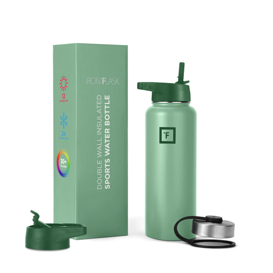 IRON °FLASK Camping & Hiking Hydration Flask, Wide Mouth, 3 Straw Lids, Stainless Steel Outdoor Water Bottle, Double Walled, Insulated Thermos, Metal Canteen - Sage Grove, 40 Oz