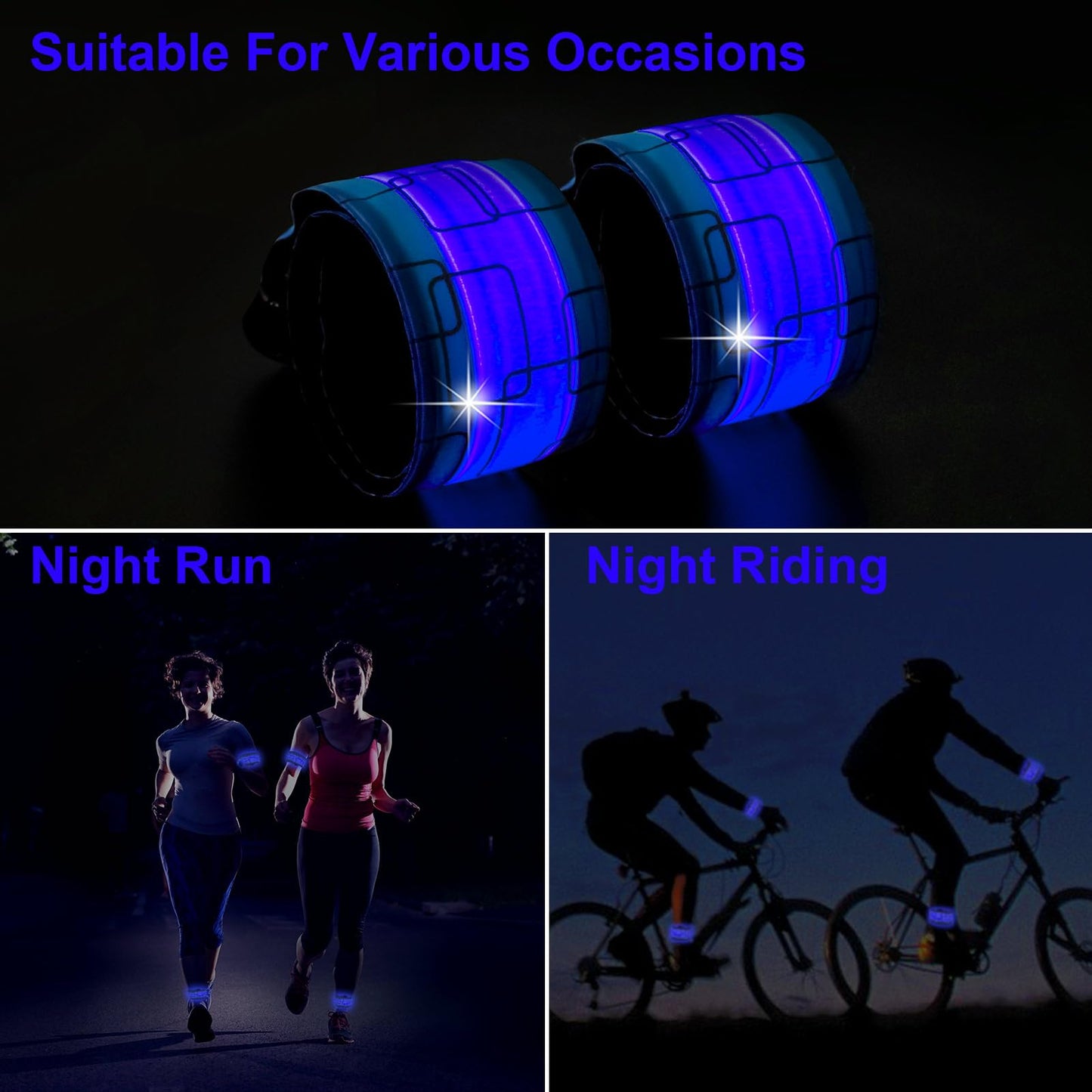 TRAYIU LED Safety Wristband Lights - 2 Pack Rechargeable Light Up Arm Ankle Band Kids Magic Slap Glow Bracelets Reflective Belt High Visibility for Night Cycling Walking Joggers Running Gear
