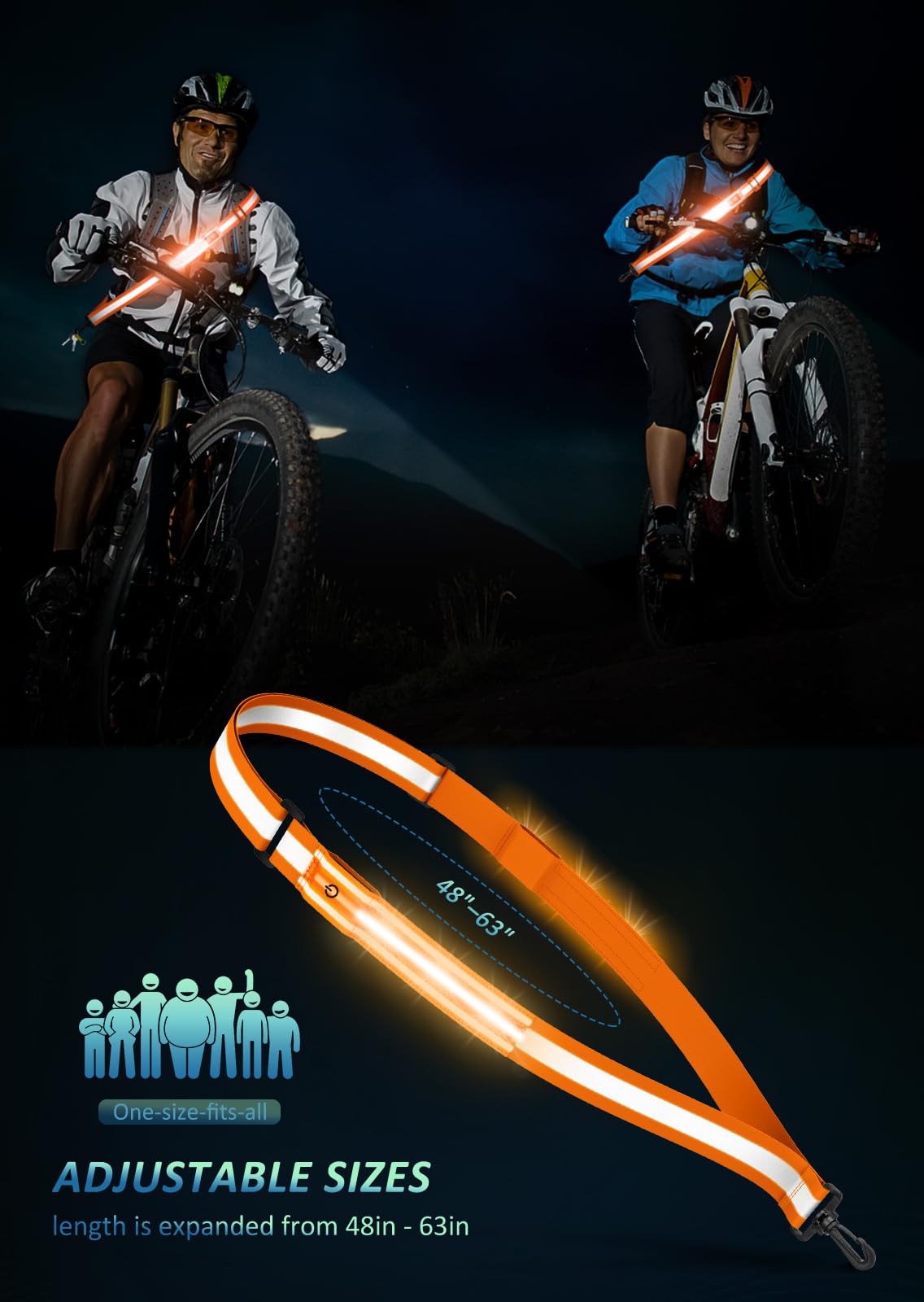 LED Reflective Belt Sash Walking Gear,Safety Lights for Walkers at Night,High Visibility Safety Rechargeable Reflective Running Gear for Men Women Kids Night Dog Walking Gear (Orange)