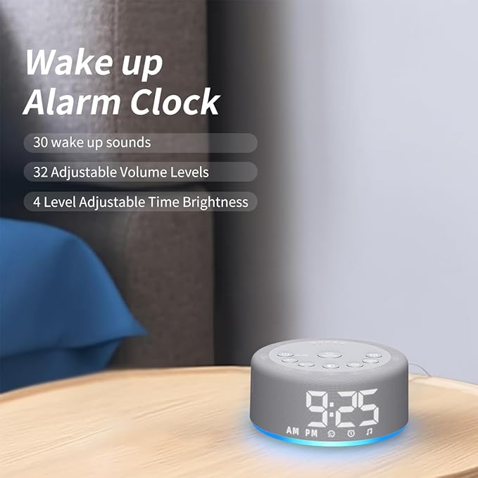 【3 in 1】 White Noise Machine with 27 Sleeping Sounds for Baby Kids Adults Sound Machine Alarm Clock Night Light Timer Memory Function 32 Level Volume Auto Off Digital Clock with 30 Wake Up Sounds