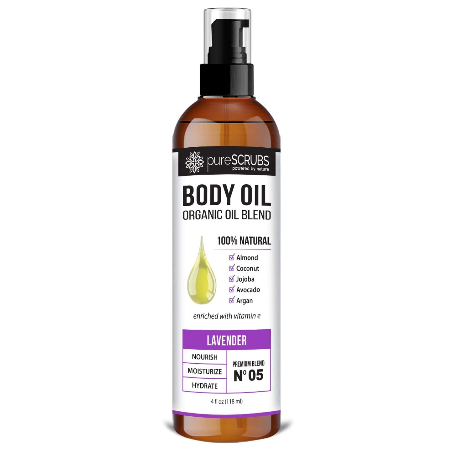 pureSCRUBS Ultra Moisturizing Lavender Body Oil Spray for Dry Skin, Massage, Cuticles & More, Organic Blend of Jojoba, Argan, Coconut, Sweet Almond & Avocado Oils Enriched with Vitamin E, Lg 4oz