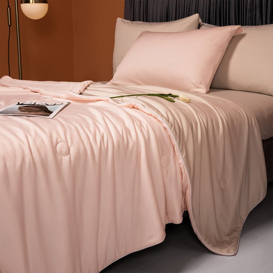 Cooling Blankets for Hot Sleepers - Cool Like Ice Cream Lightweight Blanket for Summer with Double Side Cold, Cooling Comforter, Quilt, Fabric for Bed (Throw Size 47" x 59" Pink & Beige)