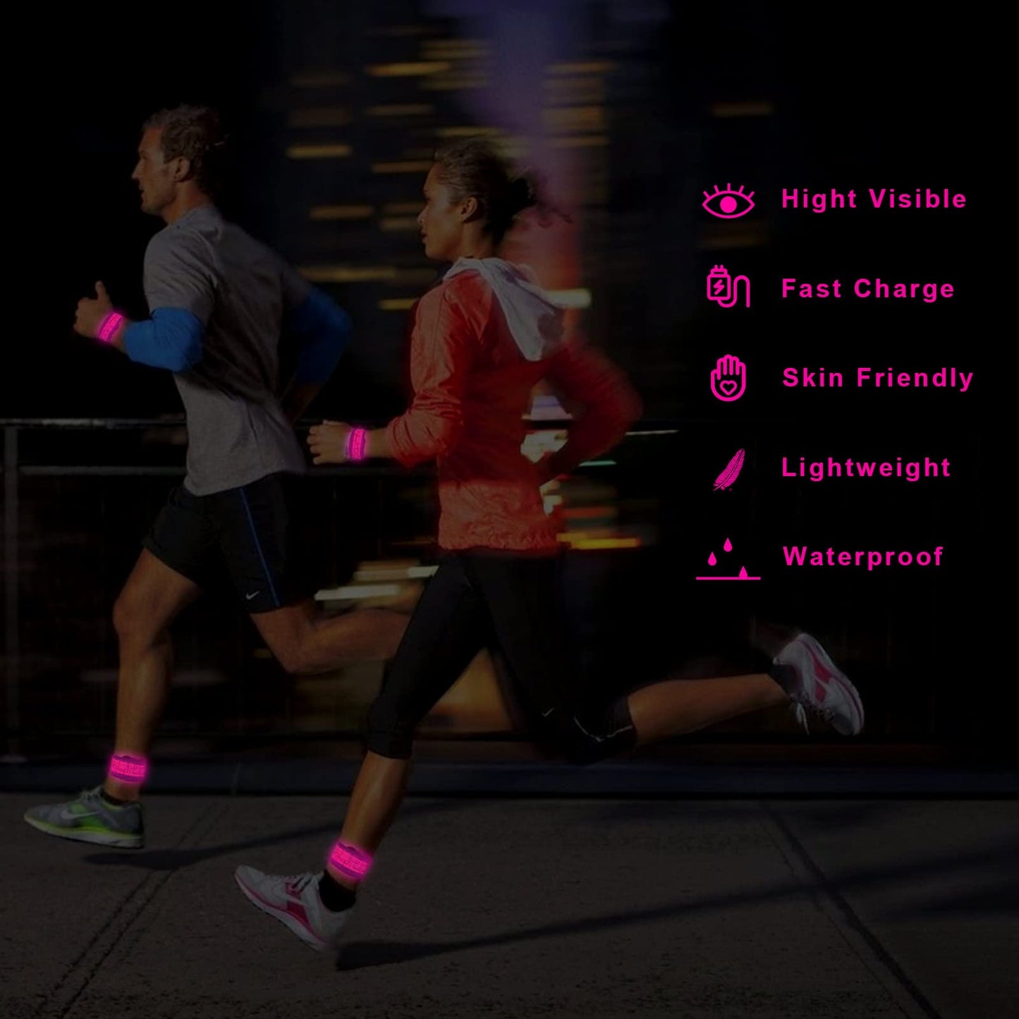 TRAYIU LED Safety Wristband Lights - 2 Pack Rechargeable Light Up Arm Ankle Band Kids Magic Slap Glow Bracelets Reflective Belt High Visibility for Night Cycling Walking Joggers Running Gear