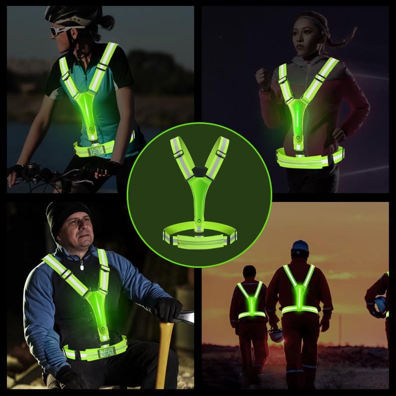TRAYIU LED Reflective Vest Running Gear - USB Rechargeable Light Up High Visibility Vest with Waterproof Storage Bag for Walking Bike Night Worker,Adjustable Belt for Men Women Kids