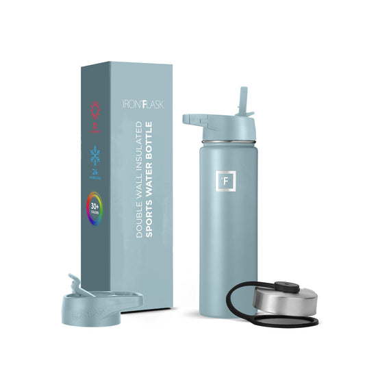 IRON °FLASK Camping & Hiking Hydration Flask, Wide Mouth, 3 Straw Lids, Stainless Steel Outdoor Water Bottle, Double Walled, Insulated Thermos, Metal Canteen - Elemental Gray, 22 Oz