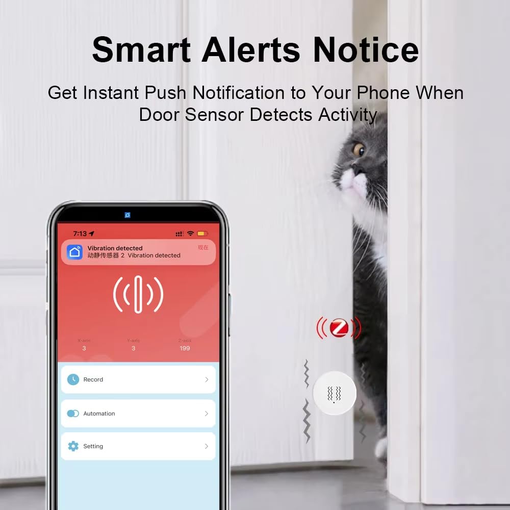 Haozee Zigbee Smart Vibration Sensor,Real Time Monitoring,Door Window Vibration Detection Alarm for Home Security,App Remote Control,Support Home Assistant Zigbee2MQTT
