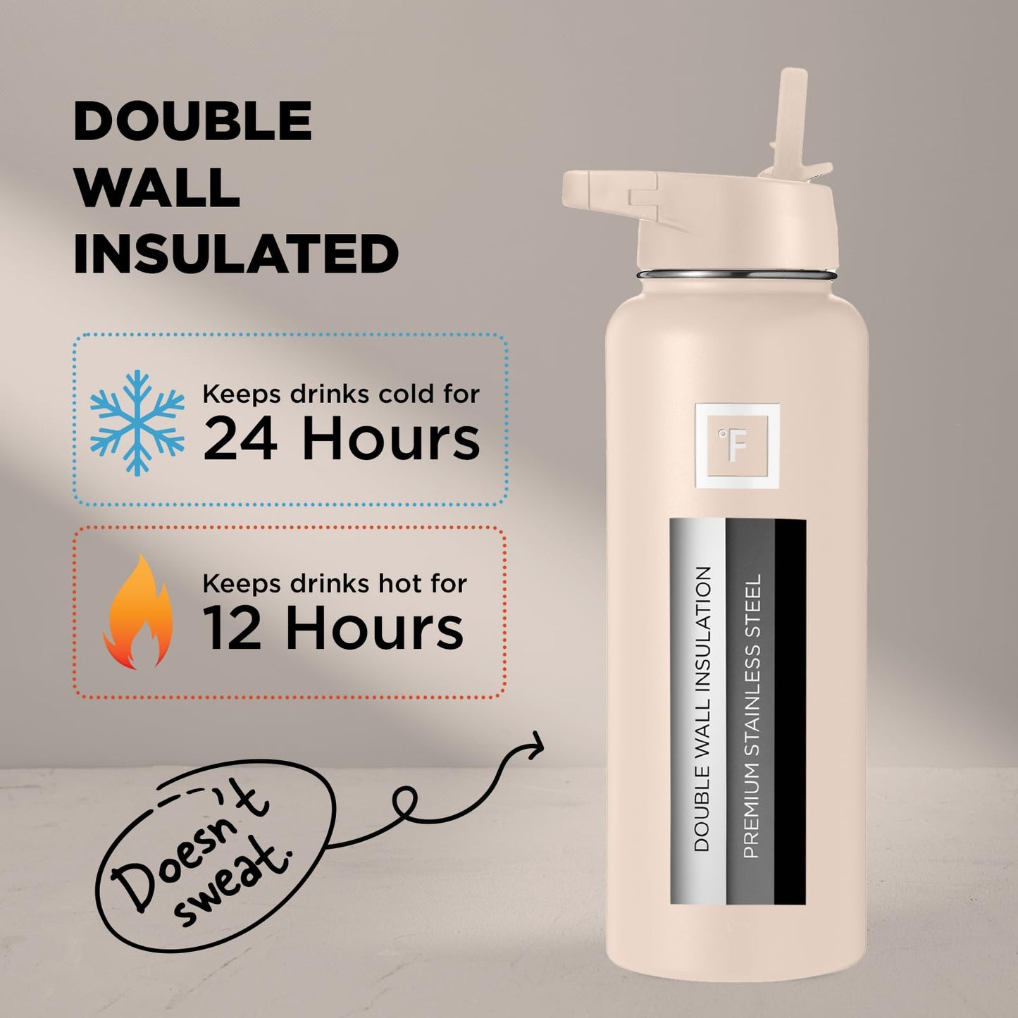 IRON °FLASK Camping & Hiking Hydration Flask, Wide Mouth, 3 Straw Lids, Stainless Steel Outdoor Water Bottle, Double Walled, Insulated Thermos, Metal Canteen - Sand, 22 Oz