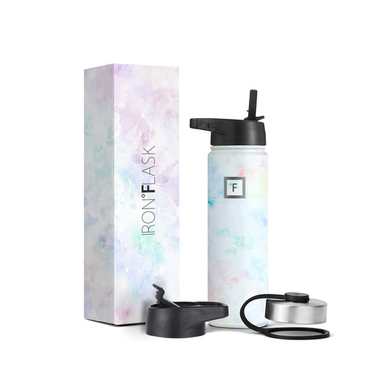 IRON °FLASK Camping & Hiking Hydration Flask, Wide Mouth, 3 Straw Lids, Stainless Steel Outdoor Water Bottle, Double Walled, Insulated Thermos, Metal Canteen - Pearl, 22 Oz