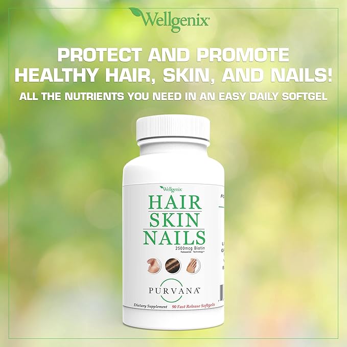 Wellgenix Purvana Hair, Skin, and Nails - One a Day Softgel - 2500mcg Biotin, DMAE, MSM, Horsetail, Grape Seed Extract - Anti Aging, PCOS & Postpartum Hair Growth, Strong Nails (90 Count)