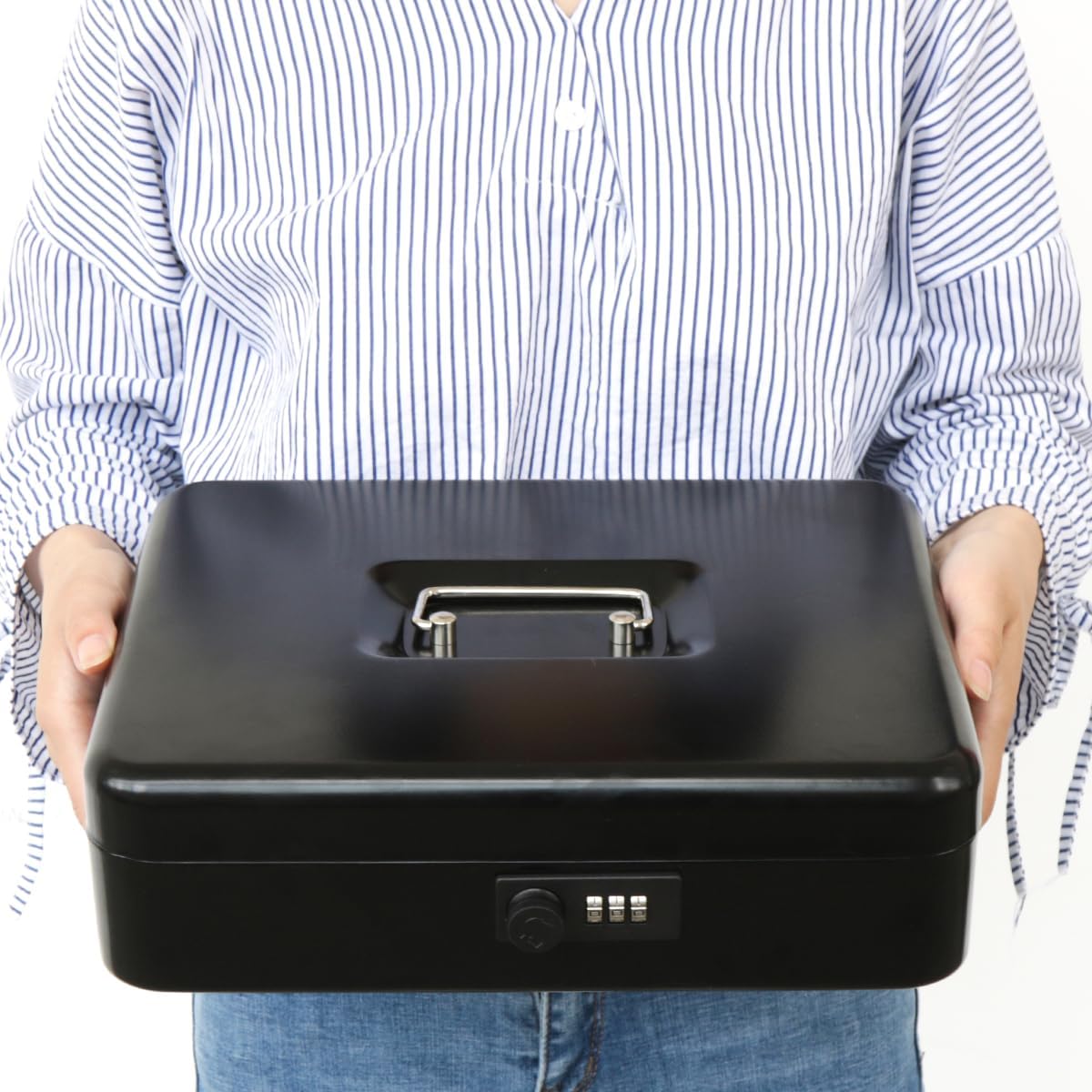 Jssmst Locking Metal Cash Box with Coin Lid, 11.8L x 9.5W x 3.5H Inches, Safe Money Box with Combination Lock, Black, SM-CB0512B