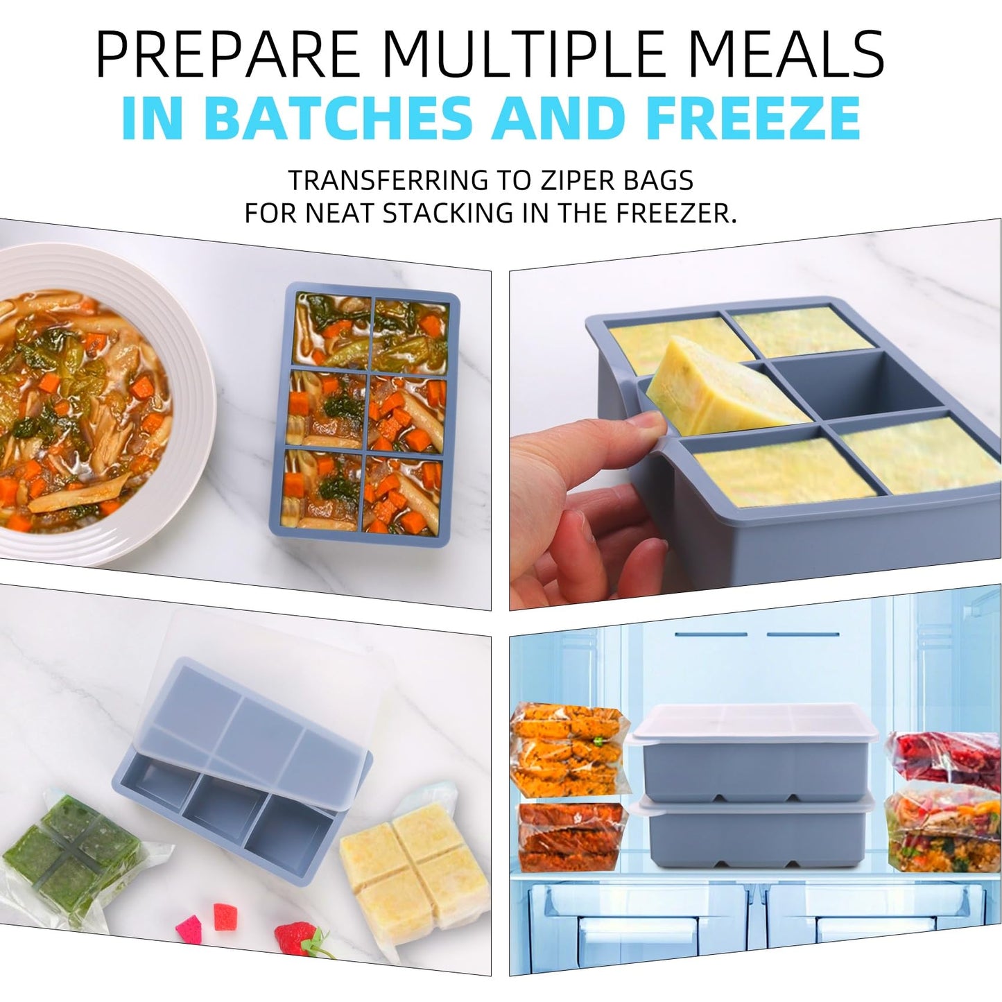 1/2 Cup Silicone Freezer Tray With Lid - Silicone Freezer Molds 2-Pack For meal prep & freezing of various sauces and other dishes, makes 12 perfect 1/2 cup portions cubes (Blue 2 Pack)