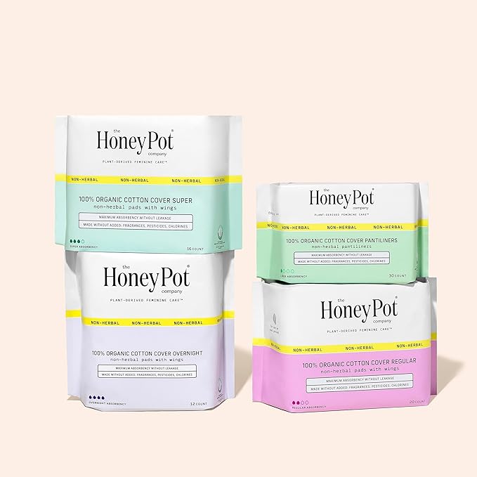 The Honey Pot Company - Sanitary Pads for Women - Non-Herbal Super w/Wings - Organic - Cotton Cover & Ultra-Absorbent Pulp Core - Feminine Care - FSA & HSA Eligible - 16 ct