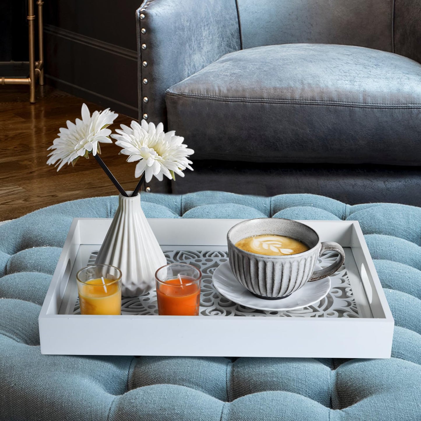 LINKOVE Wooden Serving Tray with Handles, White Wood Couch Ottoman Tray for Living Room, Decorative Tray for Coffee Table Kitchen Counter, Candle Perfume Displayed for Bedroom Bathroom,15" x 10"