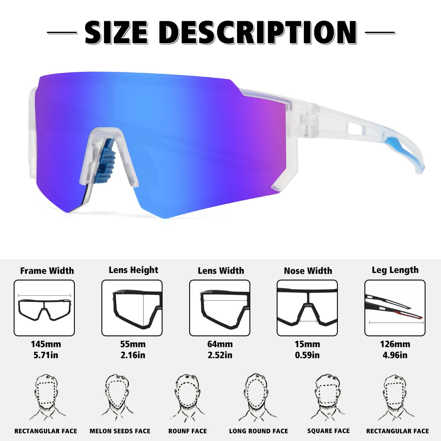 STORYCOAST Polarized Sports Sunglasses for Men Women,Bike Glasses Driving Fishing Cycling Mountain Bike Sunglasses UV400 Protection Clear Frame-Blue Mirror Lens