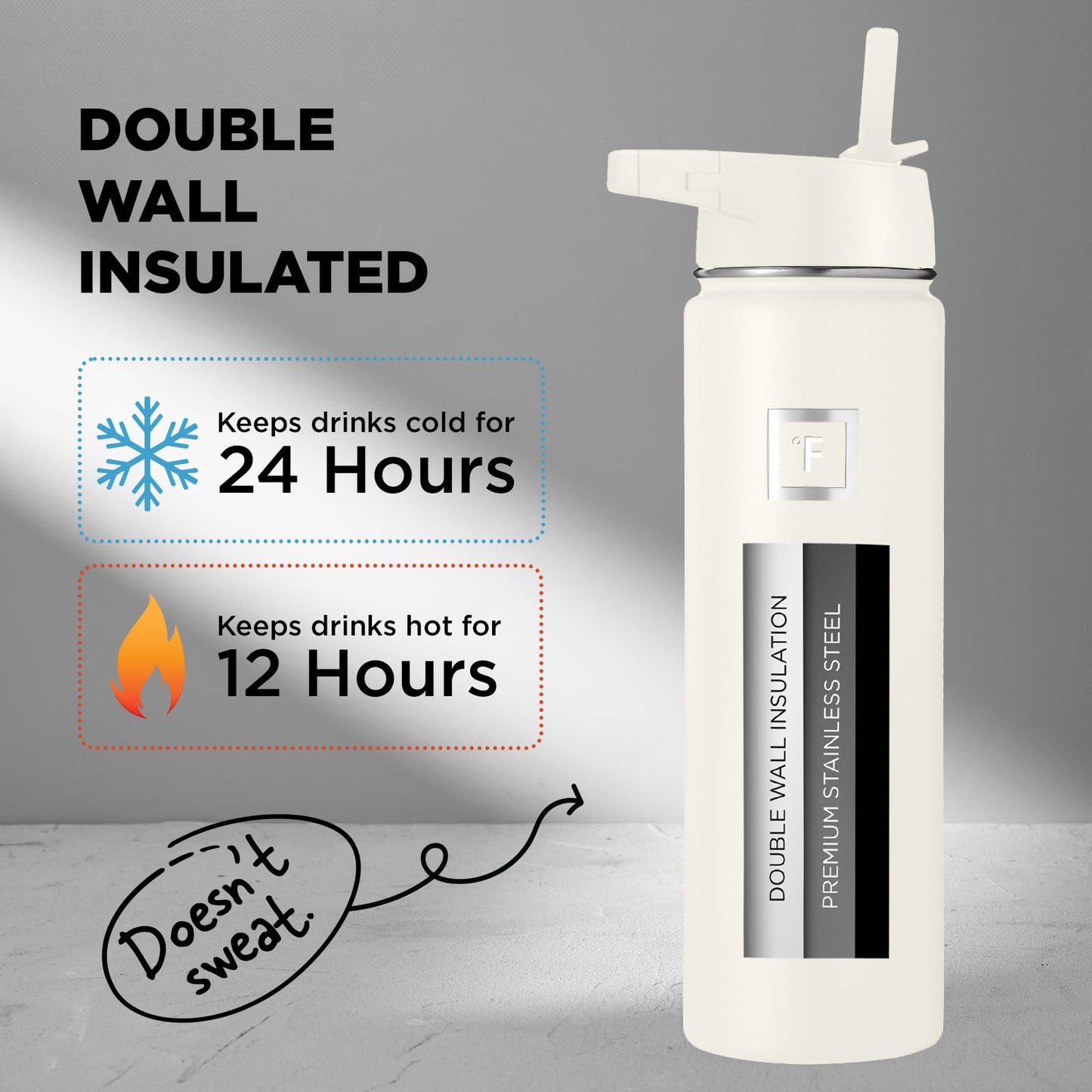 IRON °FLASK Camping & Hiking Hydration Flask, Wide Mouth, 3 Straw Lids, Stainless Steel Outdoor Water Bottle, Double Walled, Insulated Thermos, Metal Canteen - Cashmere Cream, 18 Oz