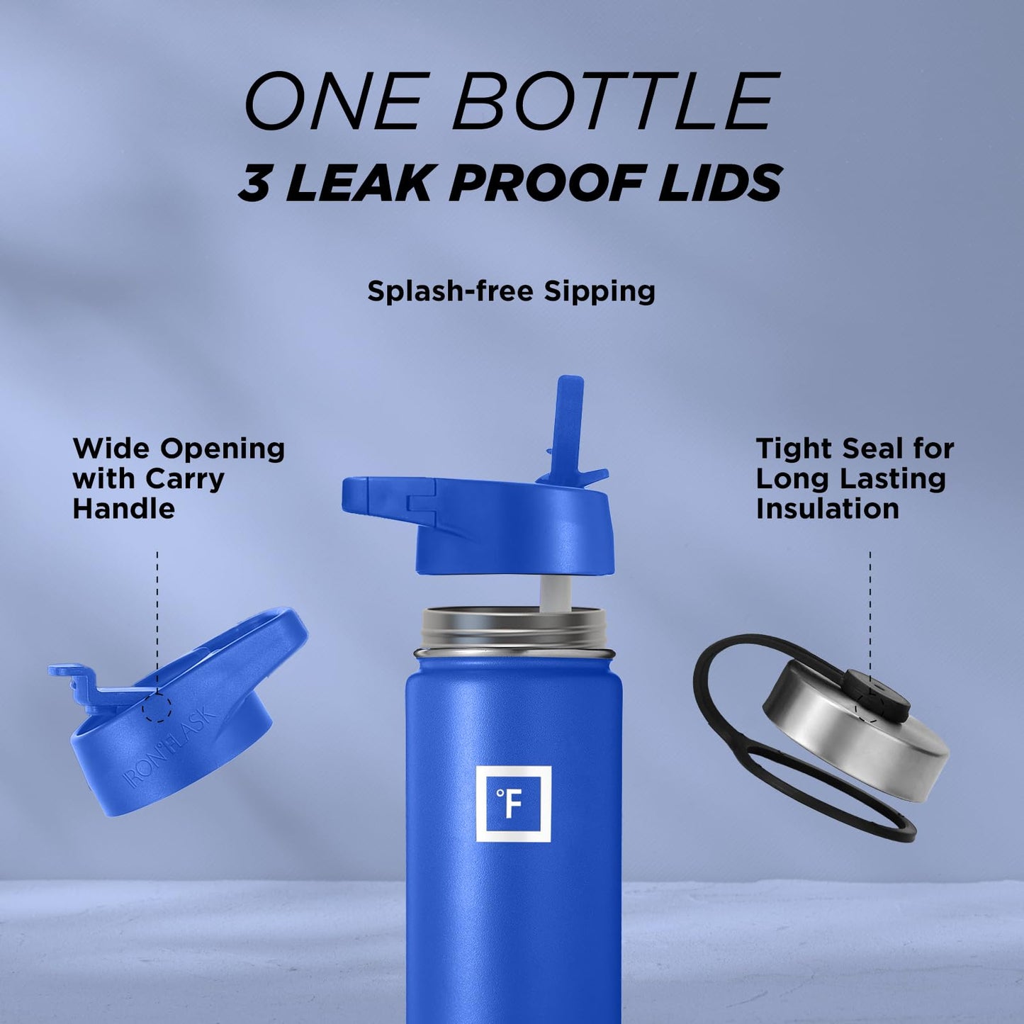 IRON °FLASK Camping & Hiking Hydration Flask, Wide Mouth, 3 Straw Lids, Stainless Steel Outdoor Water Bottle, Double Walled, Insulated Thermos, Metal Canteen - Cobalt, 18 Oz