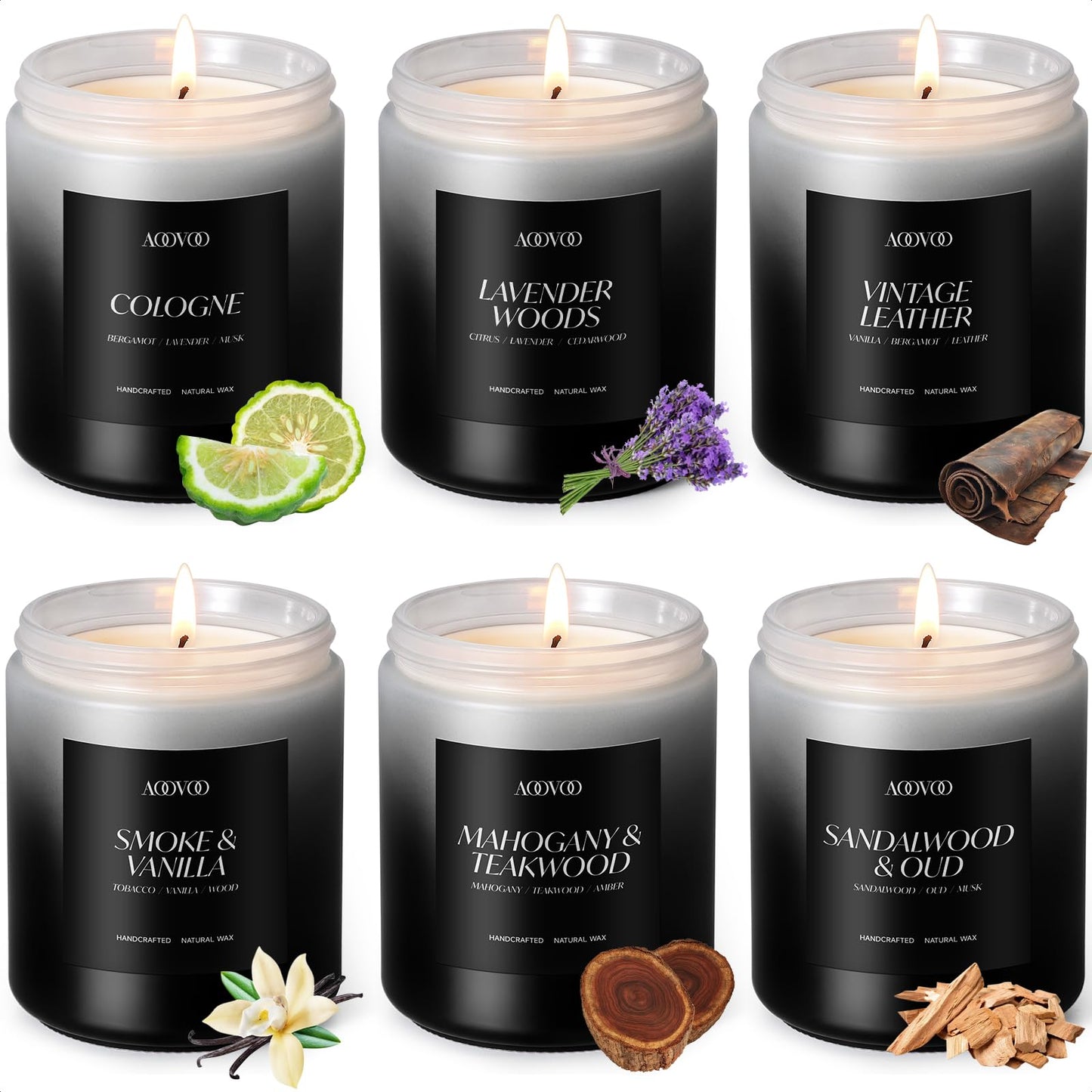 AOOVOO Scented Candles Set - 6 Pack Men Candles for Home Scented, 42 oz Soy Wax, 300 Hour Long Lasting Candle, Soy Candle Gifts Set for Men, Birthday, Valentine, Christmas, Anniversary Present