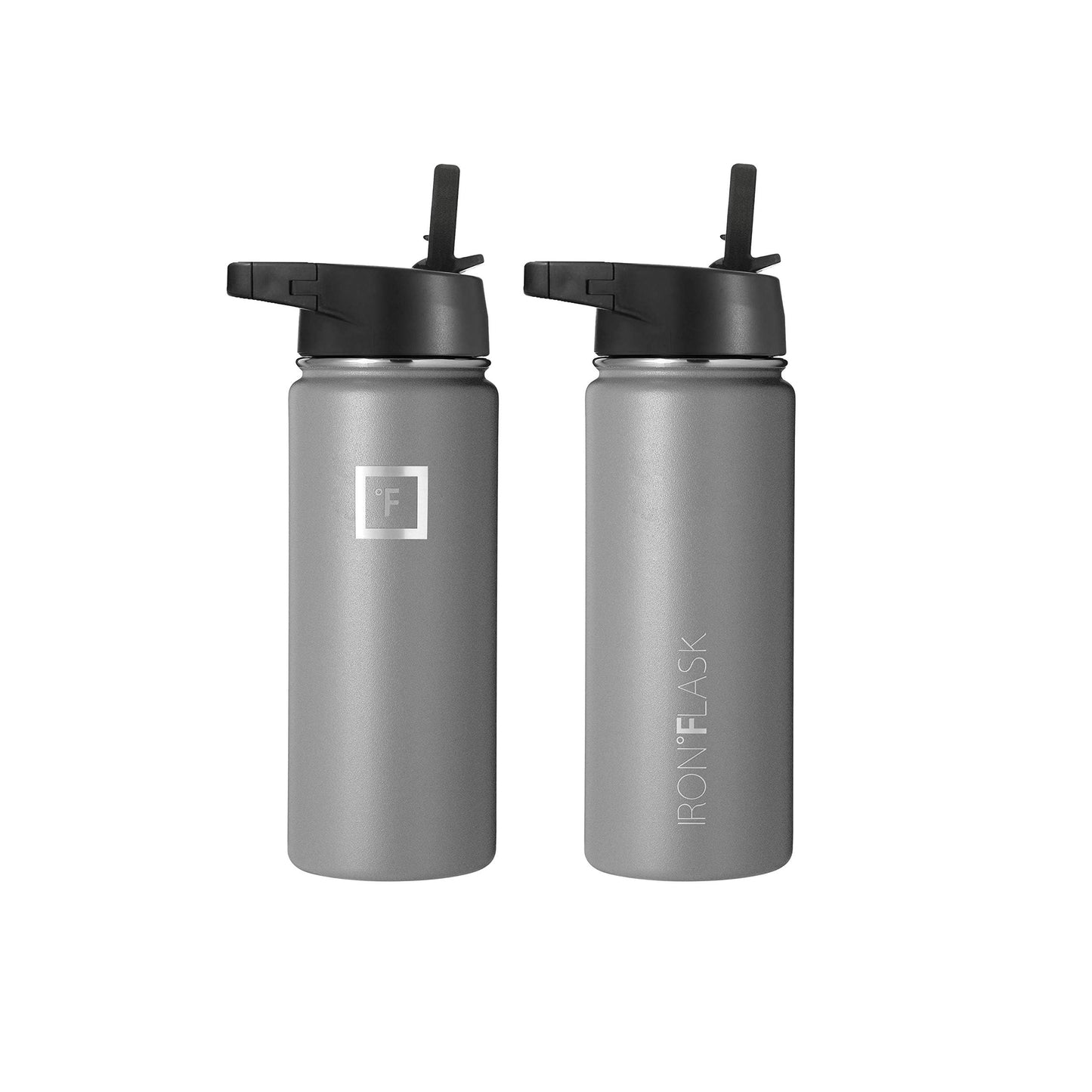 IRON °FLASK Camping & Hiking Hydration Flask, Wide Mouth, 3 Straw Lids, Stainless Steel Outdoor Water Bottle, Double Walled, Insulated Thermos, Metal Canteen - Graphite, 18 Oz