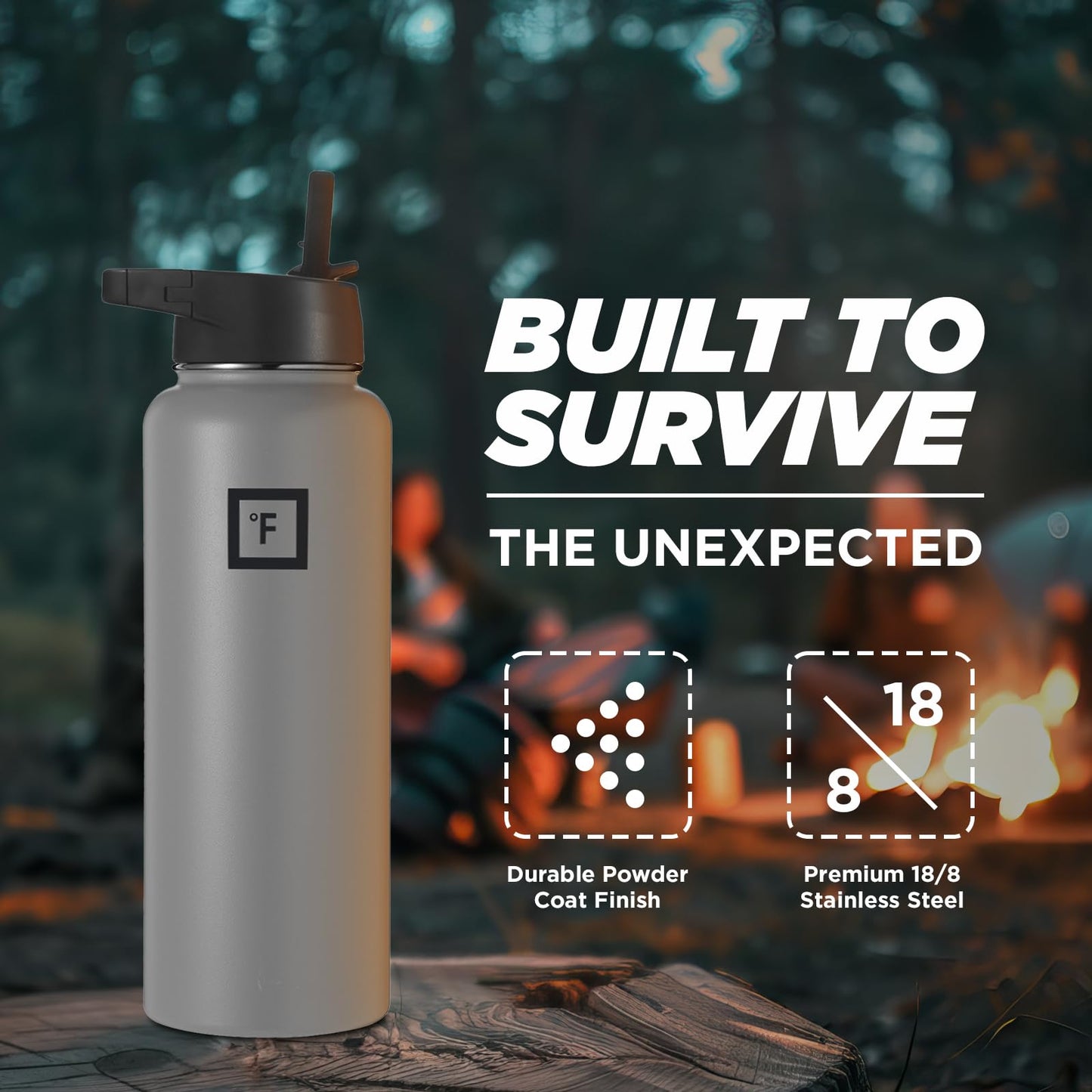 IRON °FLASK Camping & Hiking Hydration Flask, Wide Mouth, 3 Straw Lids, Stainless Steel Outdoor Water Bottle, Double Walled, Insulated Thermos, Metal Canteen - Graphite Slate, 40 Oz