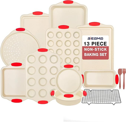 BIEAMA 13-Piece Baking Pans Sets, Nonstick Bakeware Sets, BPA-Free Carbon Steel Stackable Bakeware Set, Cream