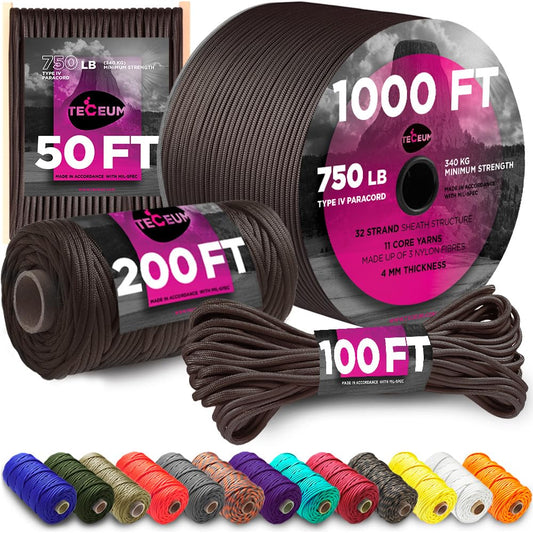 TECEUM Paracord Type IV 750 lb Chocolate – 50 ft – 4mm – 100% Nylon Strong Tactical MIL–SPEC Parachute Cord – Survival Rope Emergency Para Cord 11 Strands Core EDC Camping Hiking Military Gear 014а