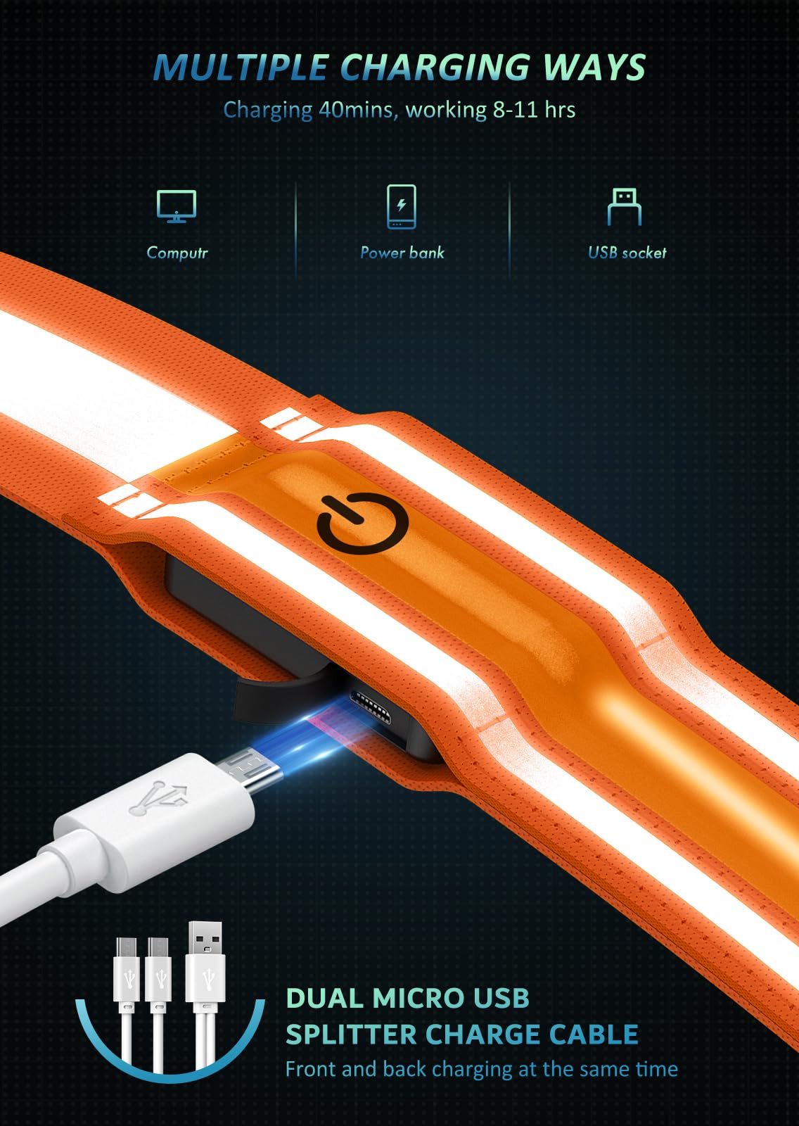 LED Reflective Belt Sash Walking Gear,Safety Lights for Walkers at Night,High Visibility Safety Rechargeable Reflective Running Gear for Men Women Kids Night Dog Walking Gear (Orange)