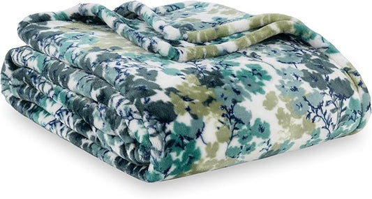 Berkshire Blanket-Classic Heavyweight Soft Printed VelvetLoft® Plush Blanket, Full/Queen Size Soft Fuzzy Warm Blanket for Couch Sofa Bed, Floral Green, 90in x 90in